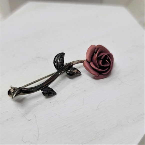 Delicate Sterling Silver Red Rose Pin Brooch Marked 925 Vintage - Picture 3 of 7